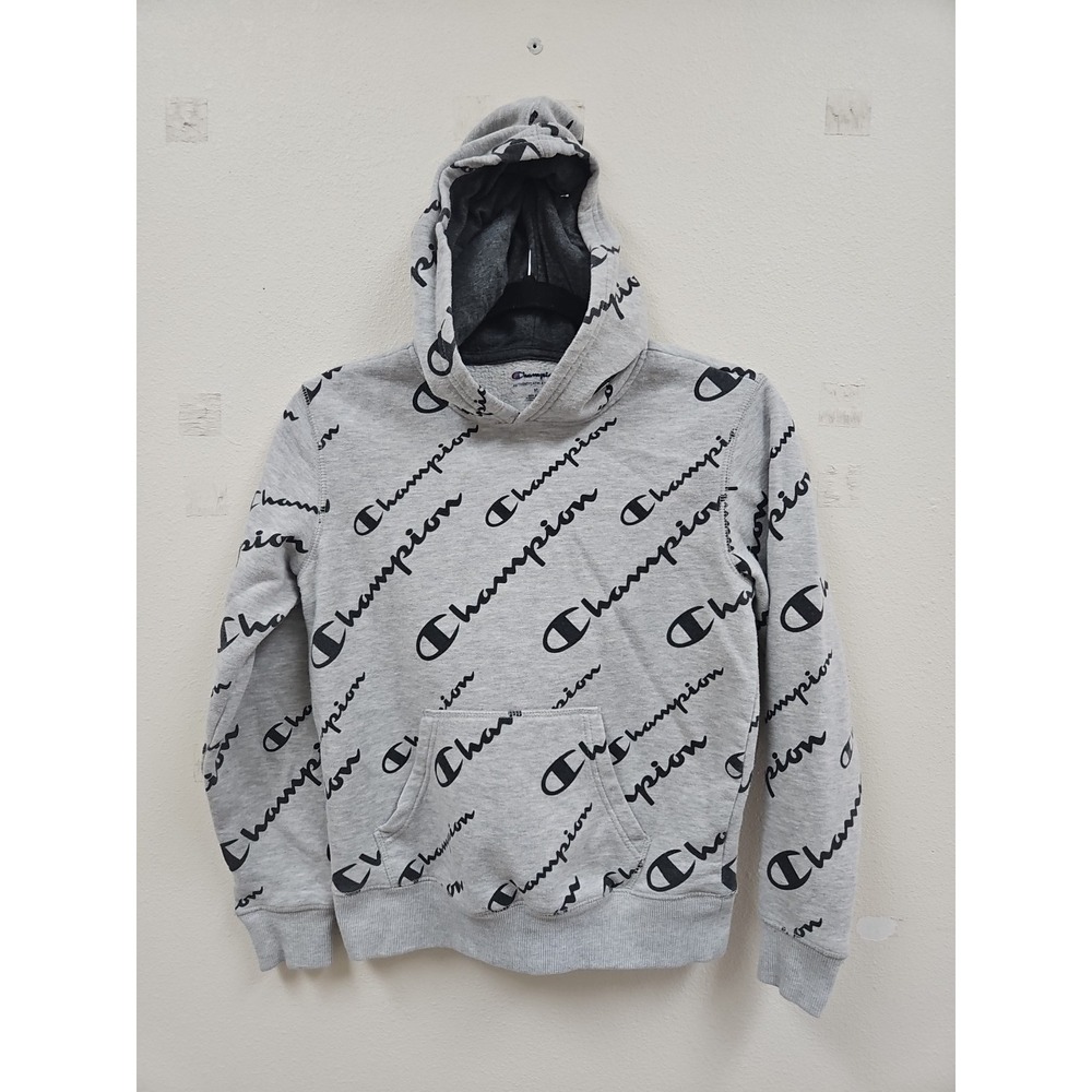 Champion Hoodie Youth Medium Sweatshirt Pullover Gray Black All Over Logo Print